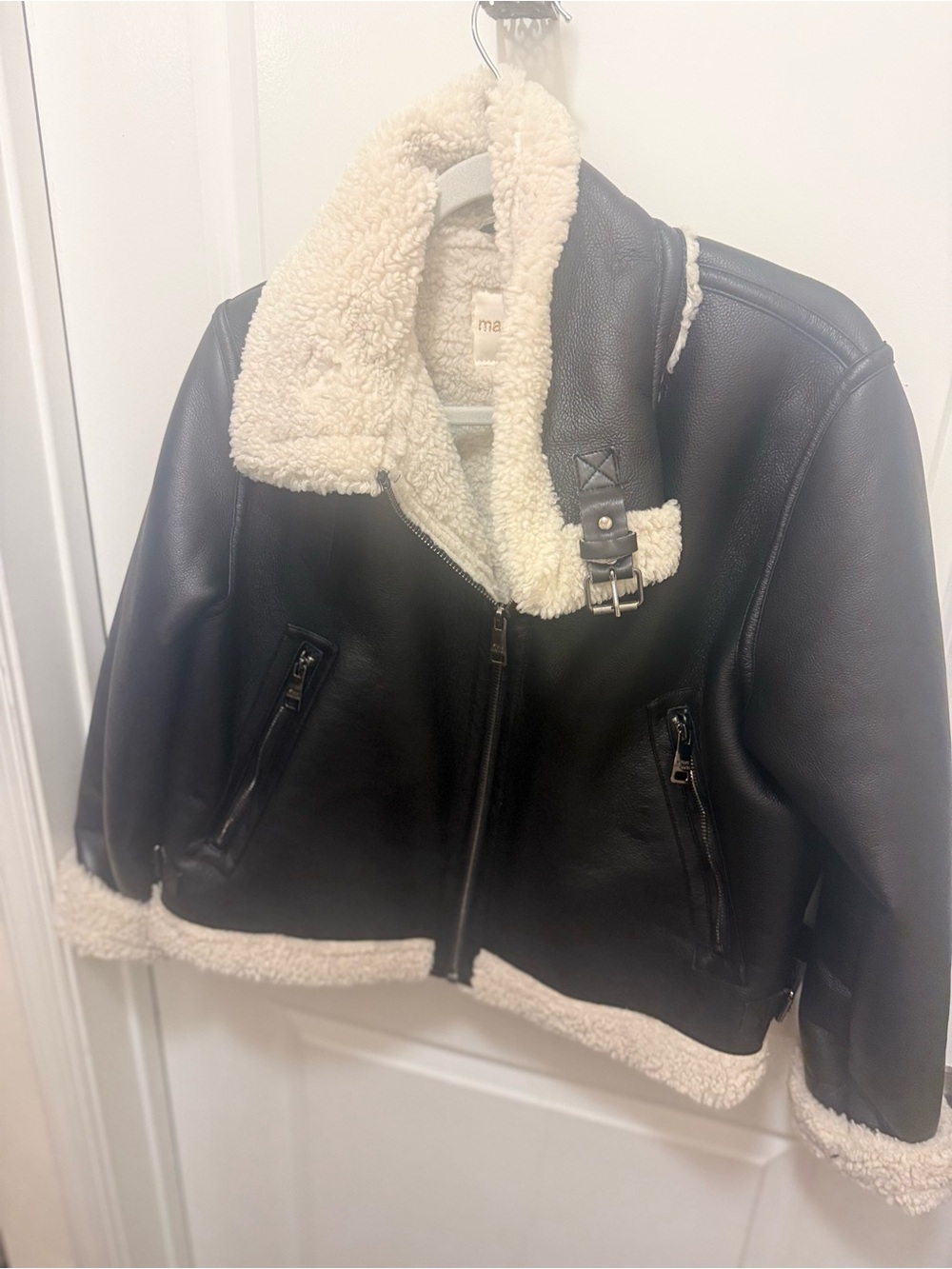 Madden Girl Faux Leather Aviator Jacket with Cream Sherpa Lining
